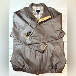 Harbor Bay Brown Genuine Leather Jacket Mens 2XLT Tall Plaid Lined Full Zip Coat